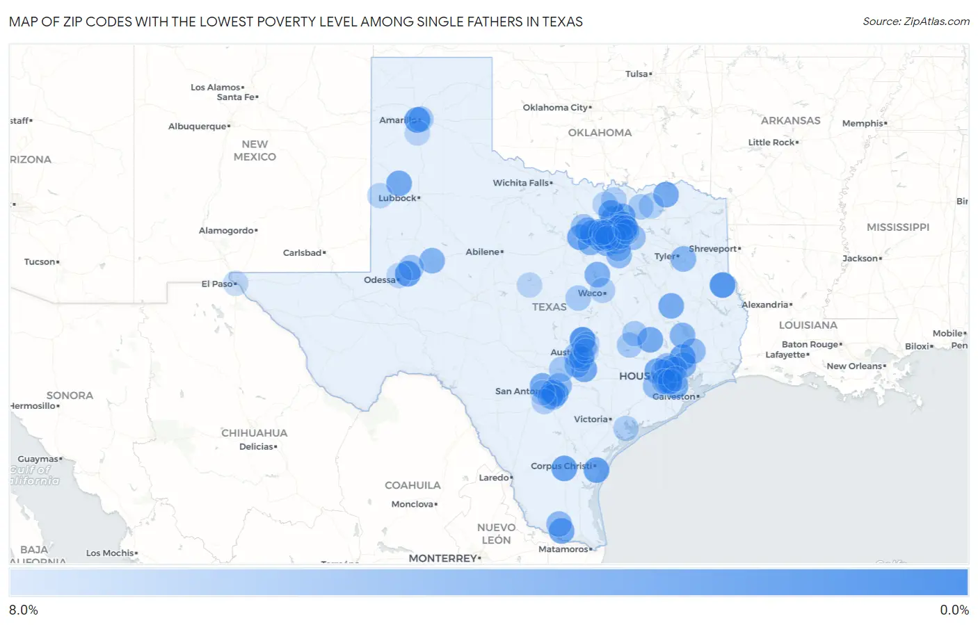 Zip Codes with the Lowest Poverty Level Among Single Fathers in Texas Map