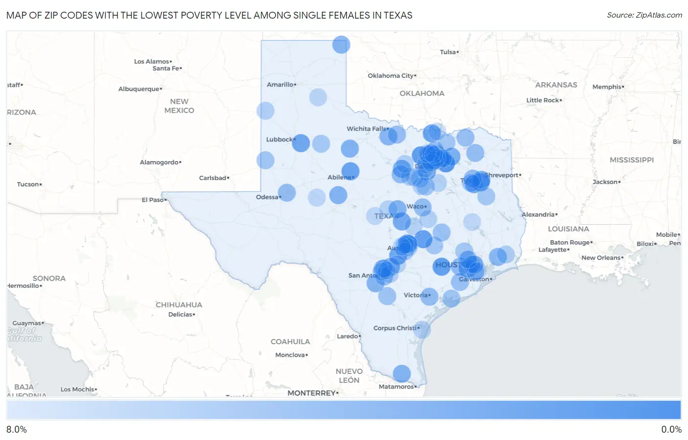 Zip Codes with the Lowest Poverty Level Among Single Females in Texas Map