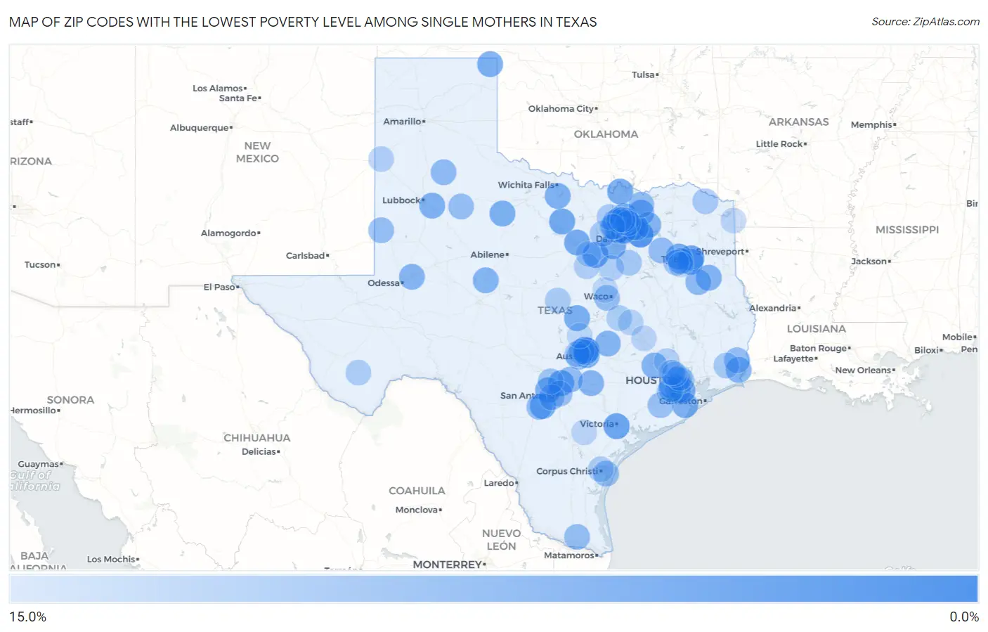 Zip Codes with the Lowest Poverty Level Among Single Mothers in Texas Map
