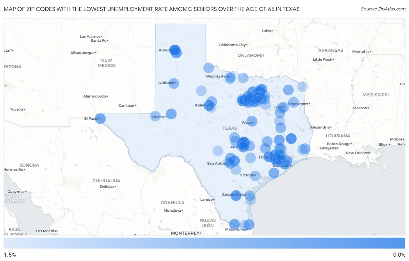 Zip Codes with the Lowest Unemployment Rate Amomg Seniors Over the Age of 65 in Texas Map