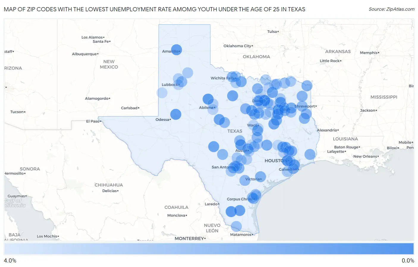 Zip Codes with the Lowest Unemployment Rate Amomg Youth Under the Age of 25 in Texas Map
