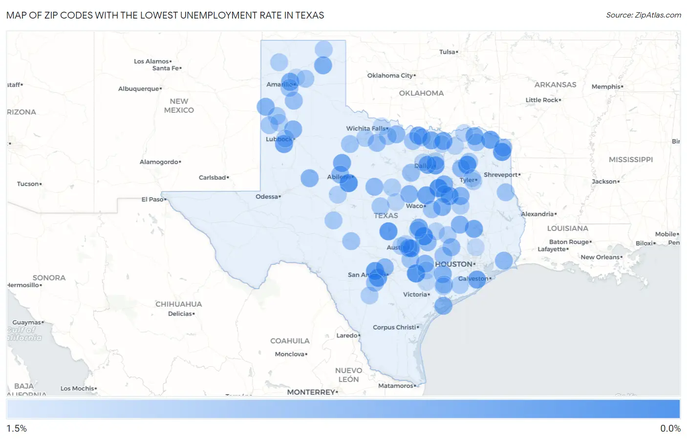 Zip Codes with the Lowest Unemployment Rate in Texas Map