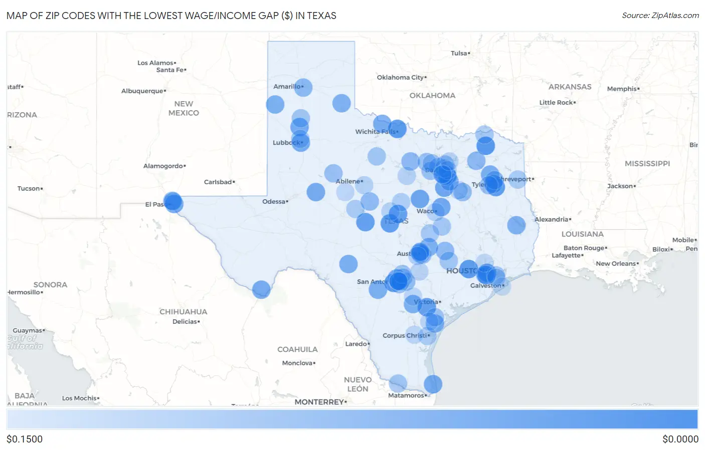 Zip Codes with the Lowest Wage/Income Gap ($) in Texas Map