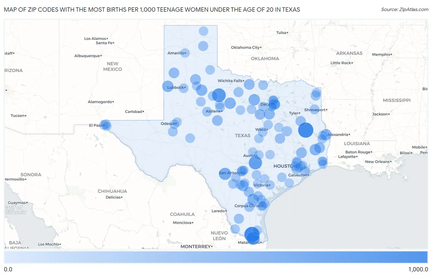 Zip Codes with the Most Births per 1,000 Teenage Women Under the Age of 20 in Texas Map