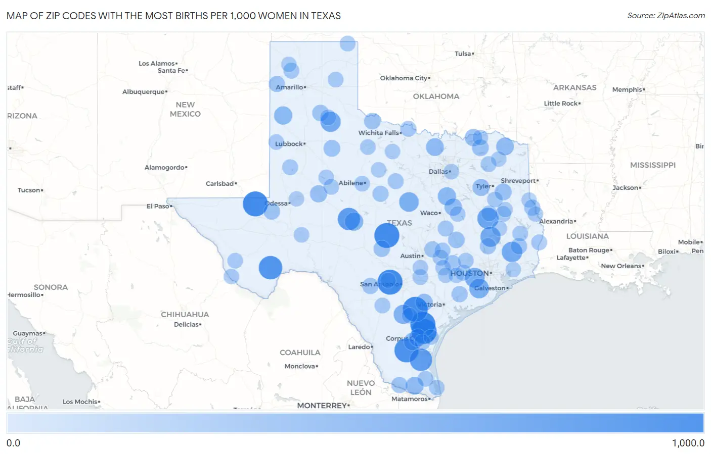 Zip Codes with the Most Births per 1,000 Women in Texas Map