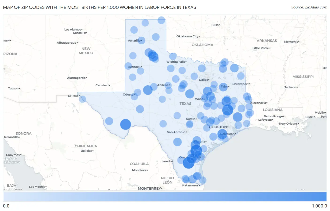 Zip Codes with the Most Births per 1,000 Women in Labor Force in Texas Map