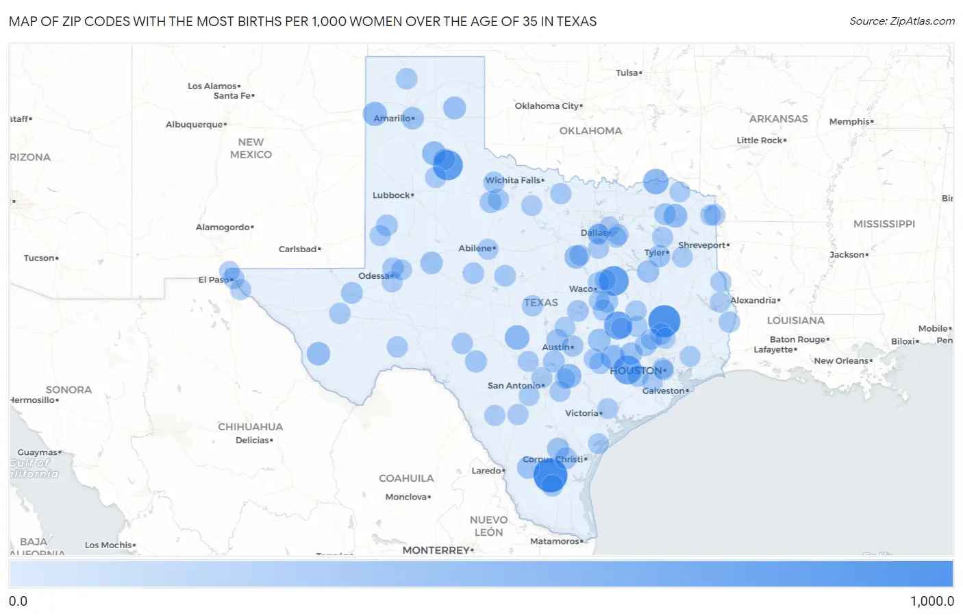 Zip Codes with the Most Births per 1,000 Women Over the Age of 35 in Texas Map