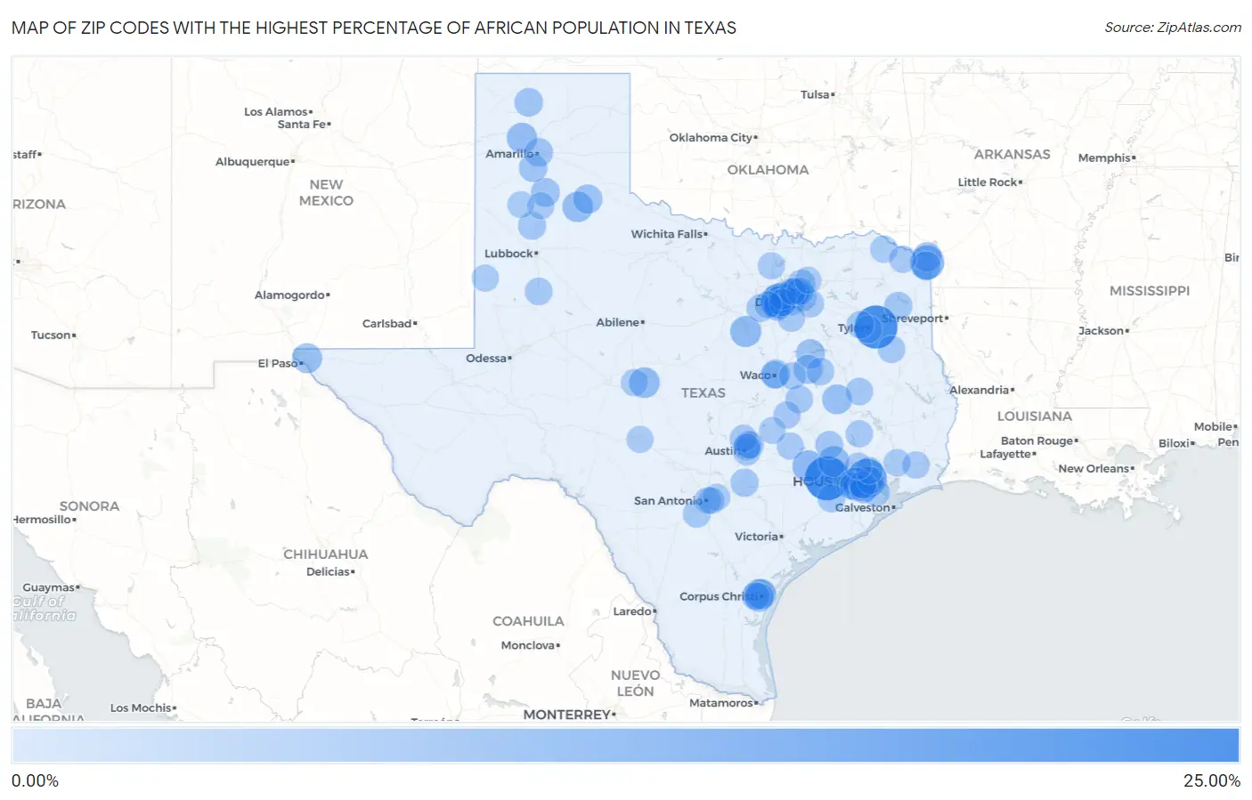 Zip Codes with the Highest Percentage of African Population in Texas Map
