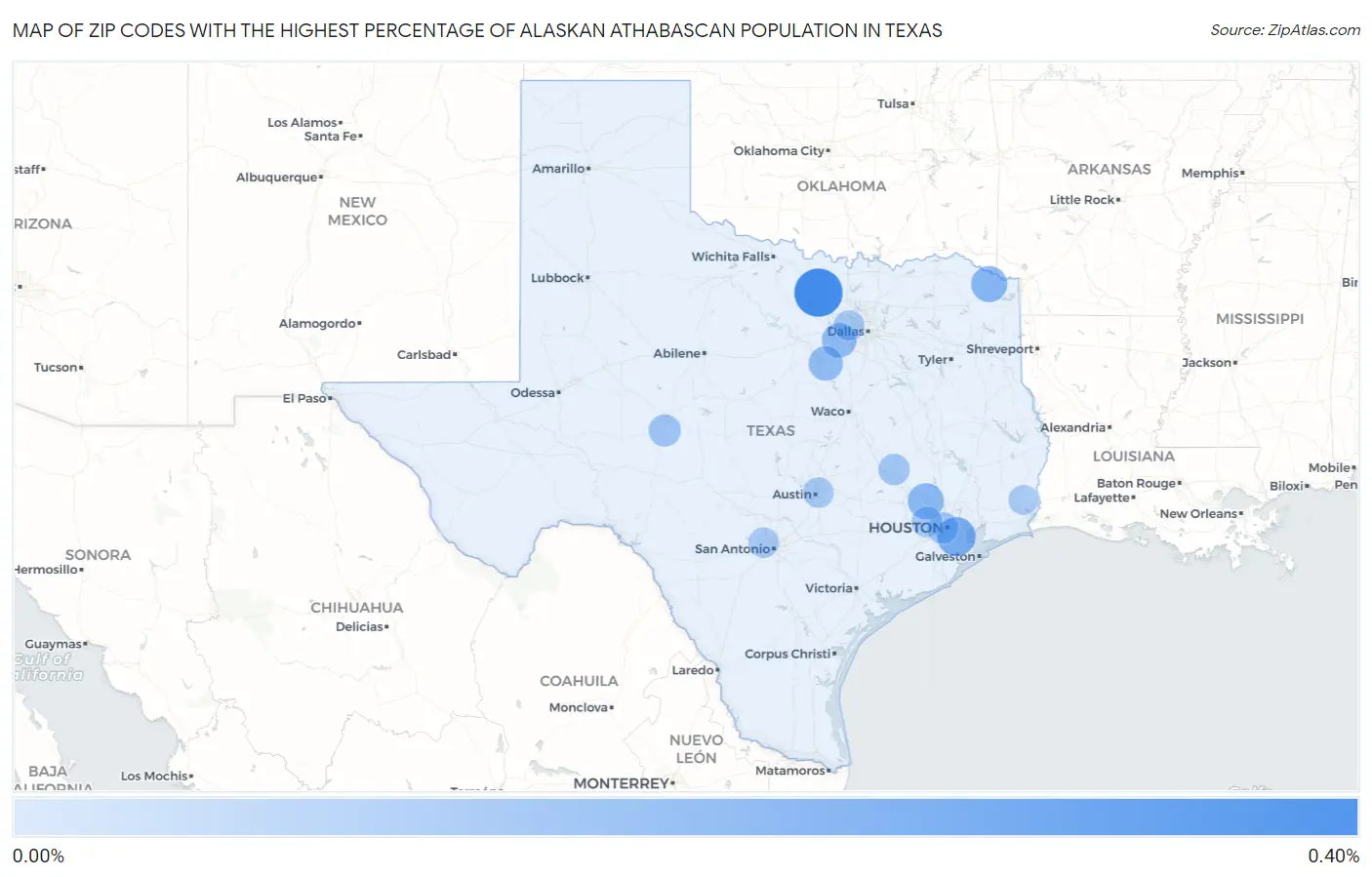 Zip Codes with the Highest Percentage of Alaskan Athabascan Population in Texas Map