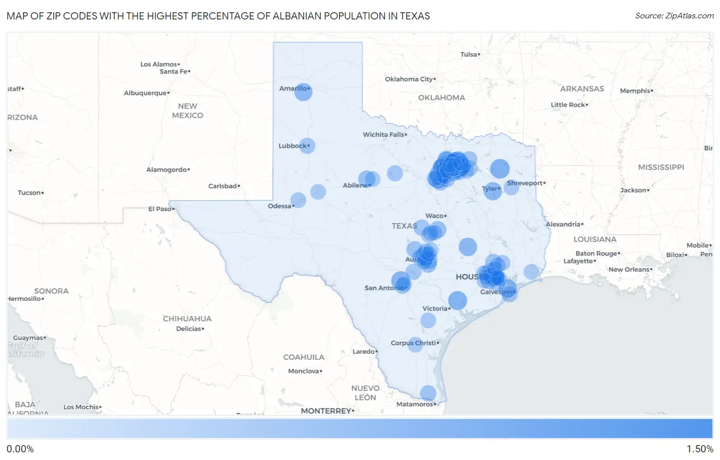 Zip Codes with the Highest Percentage of Albanian Population in Texas Map