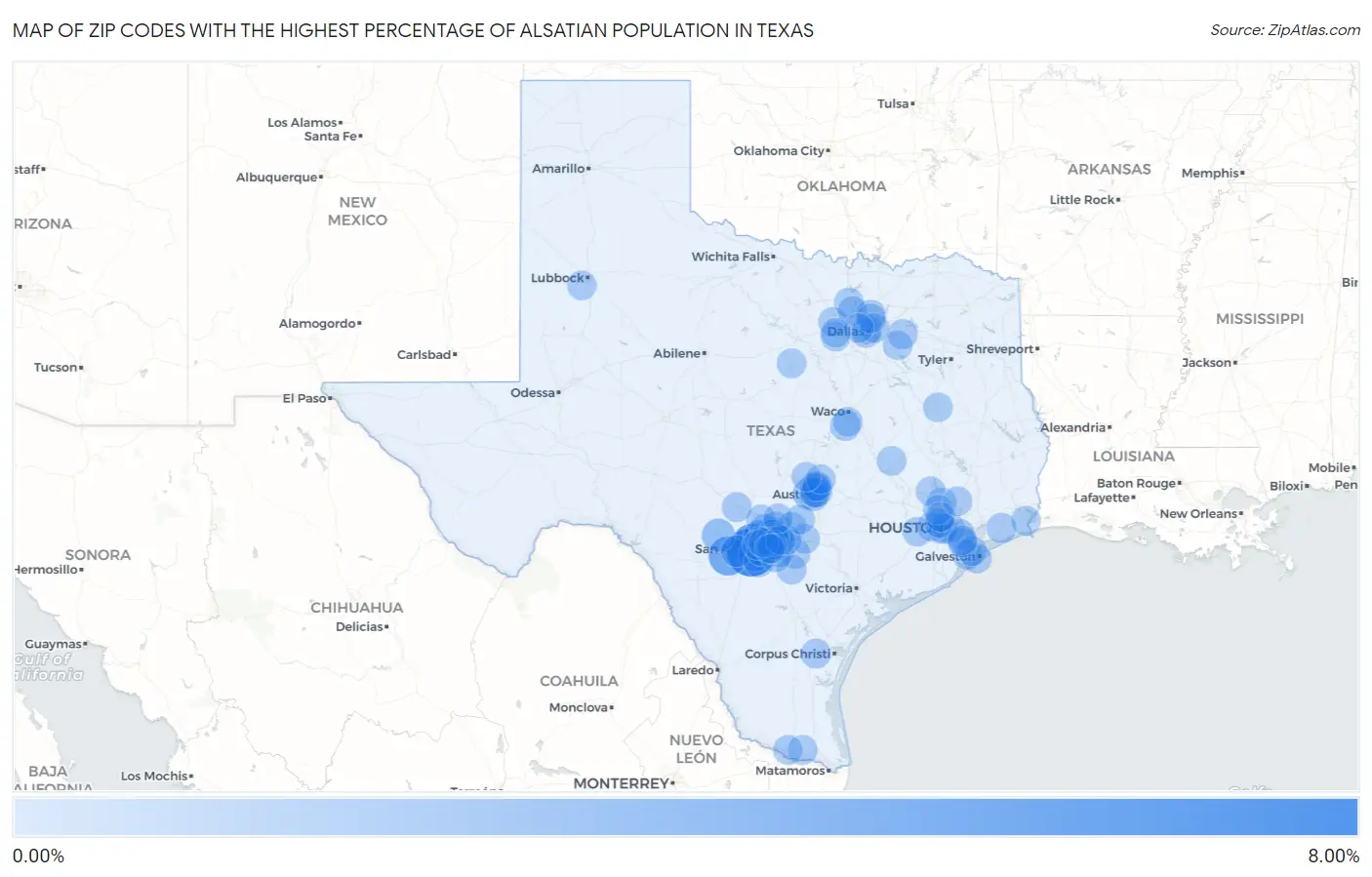 Zip Codes with the Highest Percentage of Alsatian Population in Texas Map