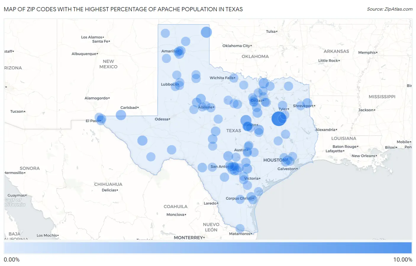 Zip Codes with the Highest Percentage of Apache Population in Texas Map