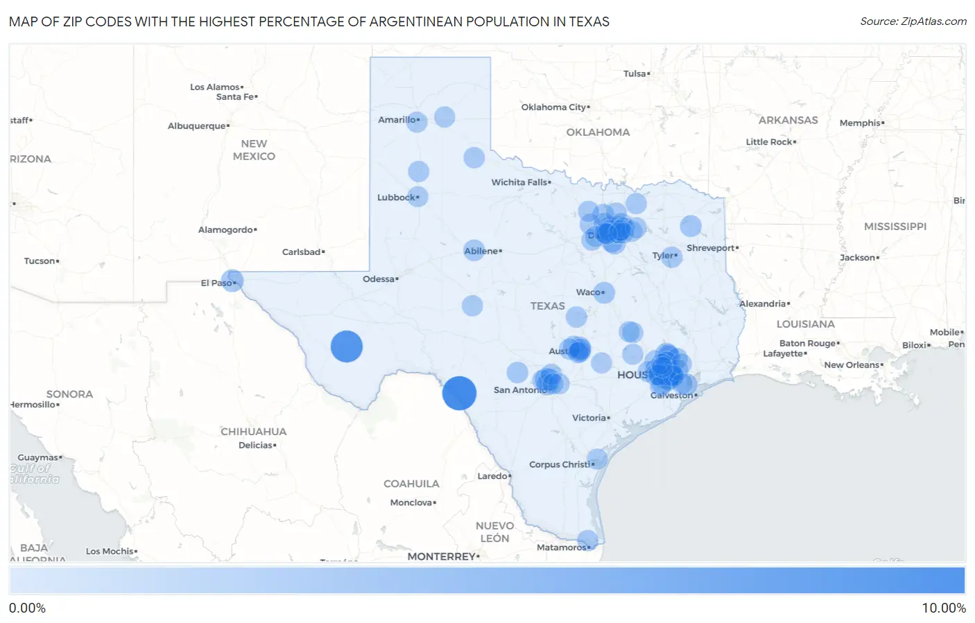 Zip Codes with the Highest Percentage of Argentinean Population in Texas Map