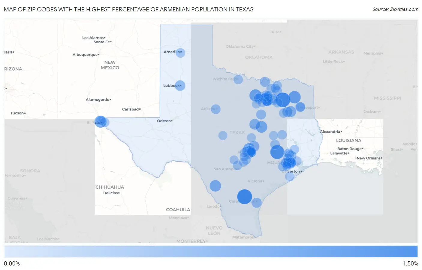 Zip Codes with the Highest Percentage of Armenian Population in Texas Map