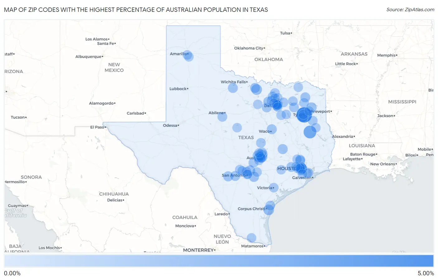 Zip Codes with the Highest Percentage of Australian Population in Texas Map