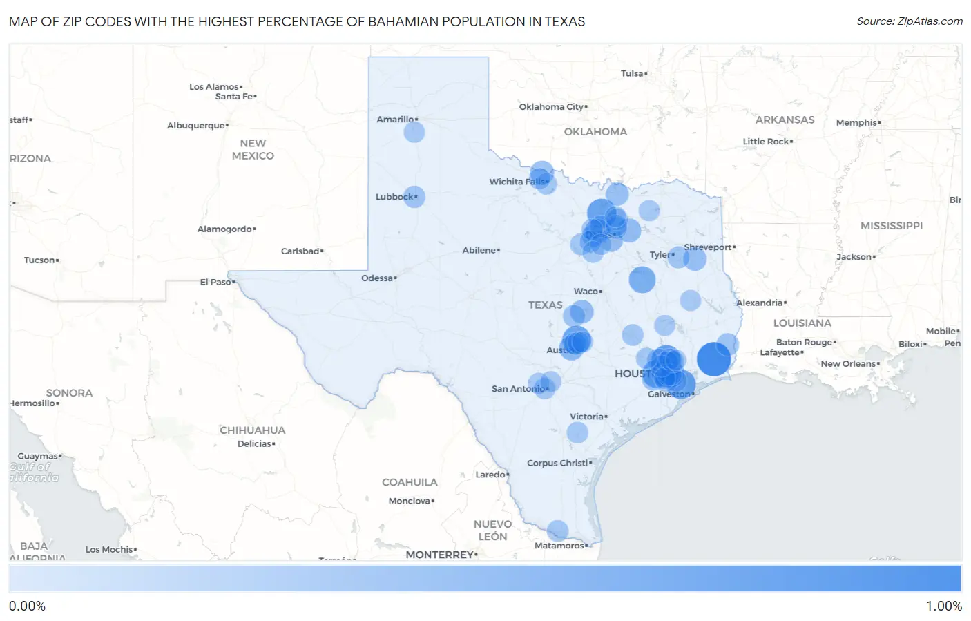 Zip Codes with the Highest Percentage of Bahamian Population in Texas Map