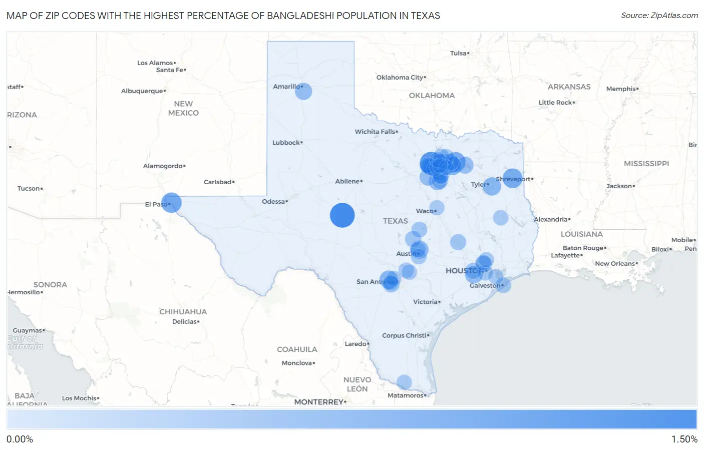 Zip Codes with the Highest Percentage of Bangladeshi Population in Texas Map