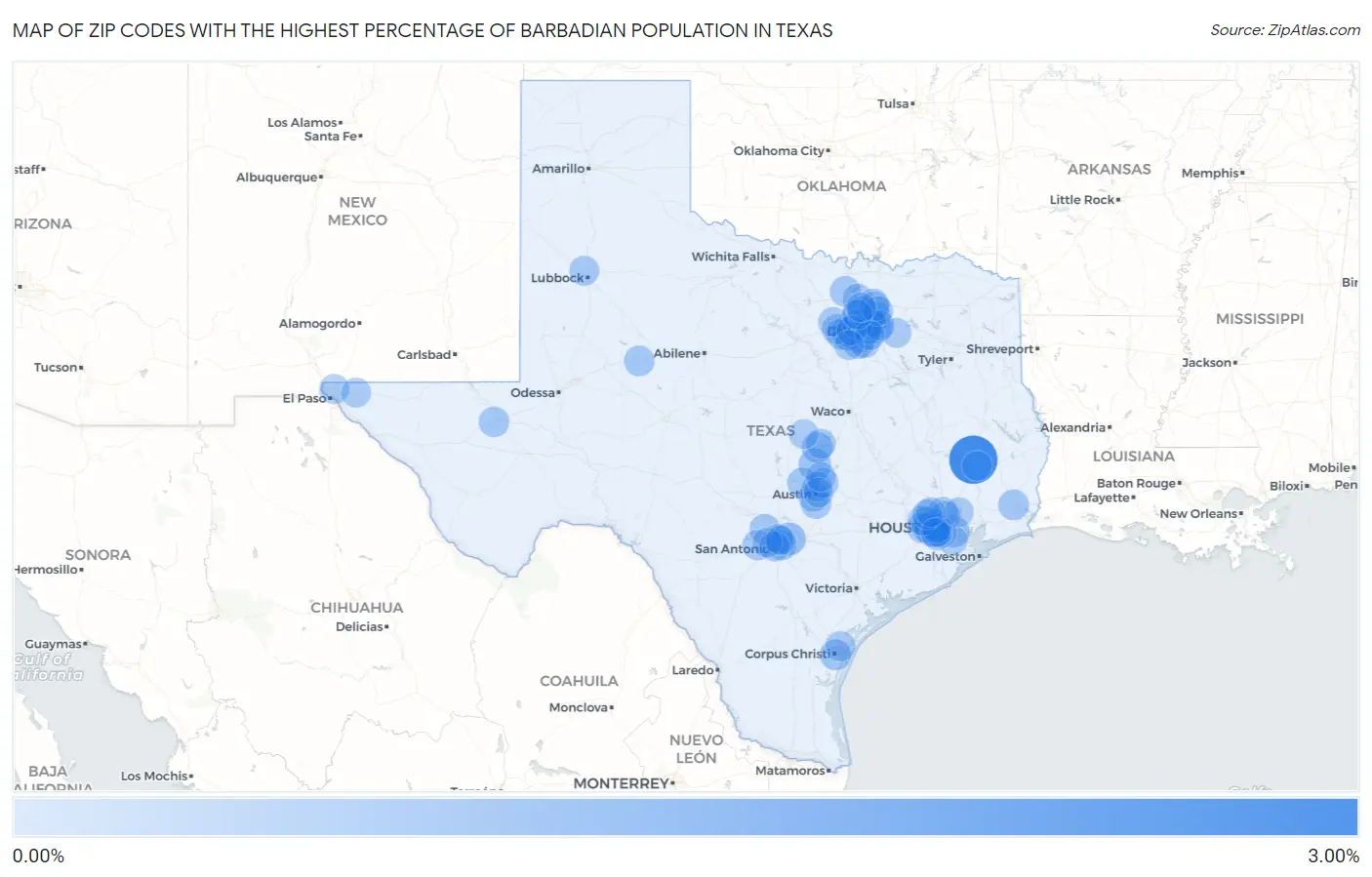 Zip Codes with the Highest Percentage of Barbadian Population in Texas Map