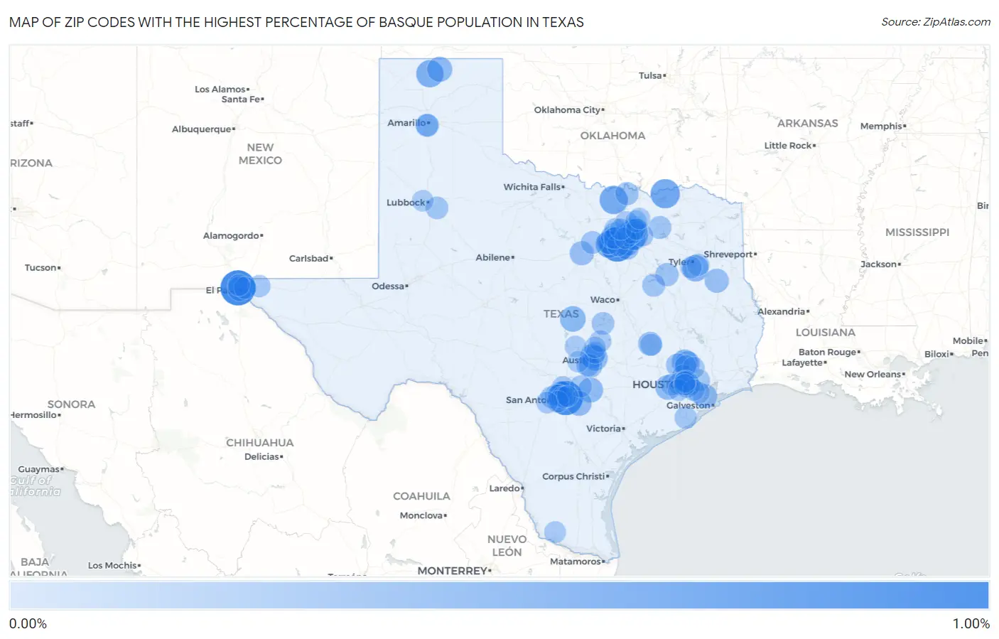 Zip Codes with the Highest Percentage of Basque Population in Texas Map