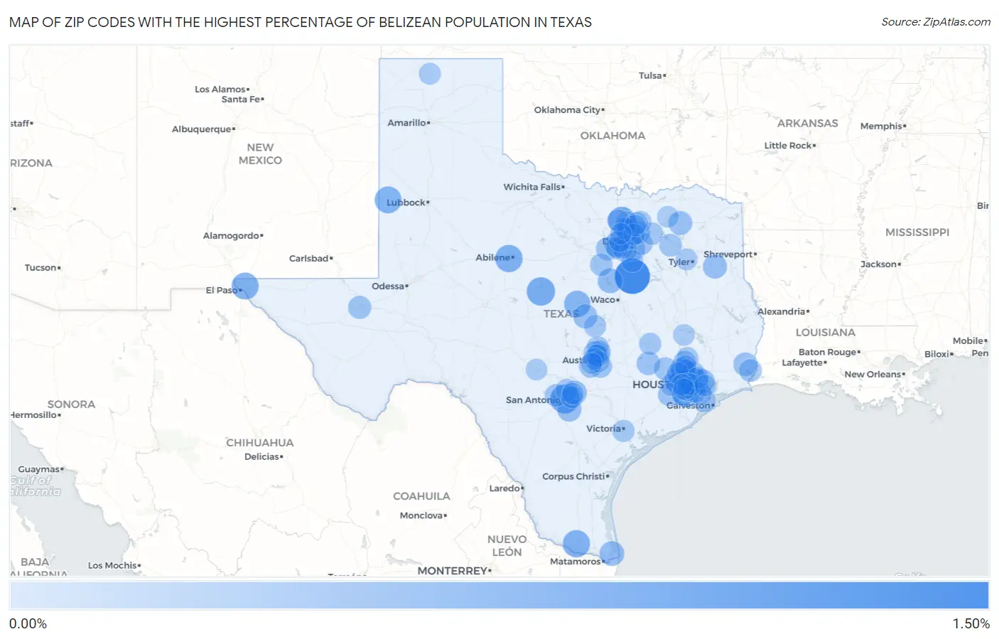 Zip Codes with the Highest Percentage of Belizean Population in Texas Map