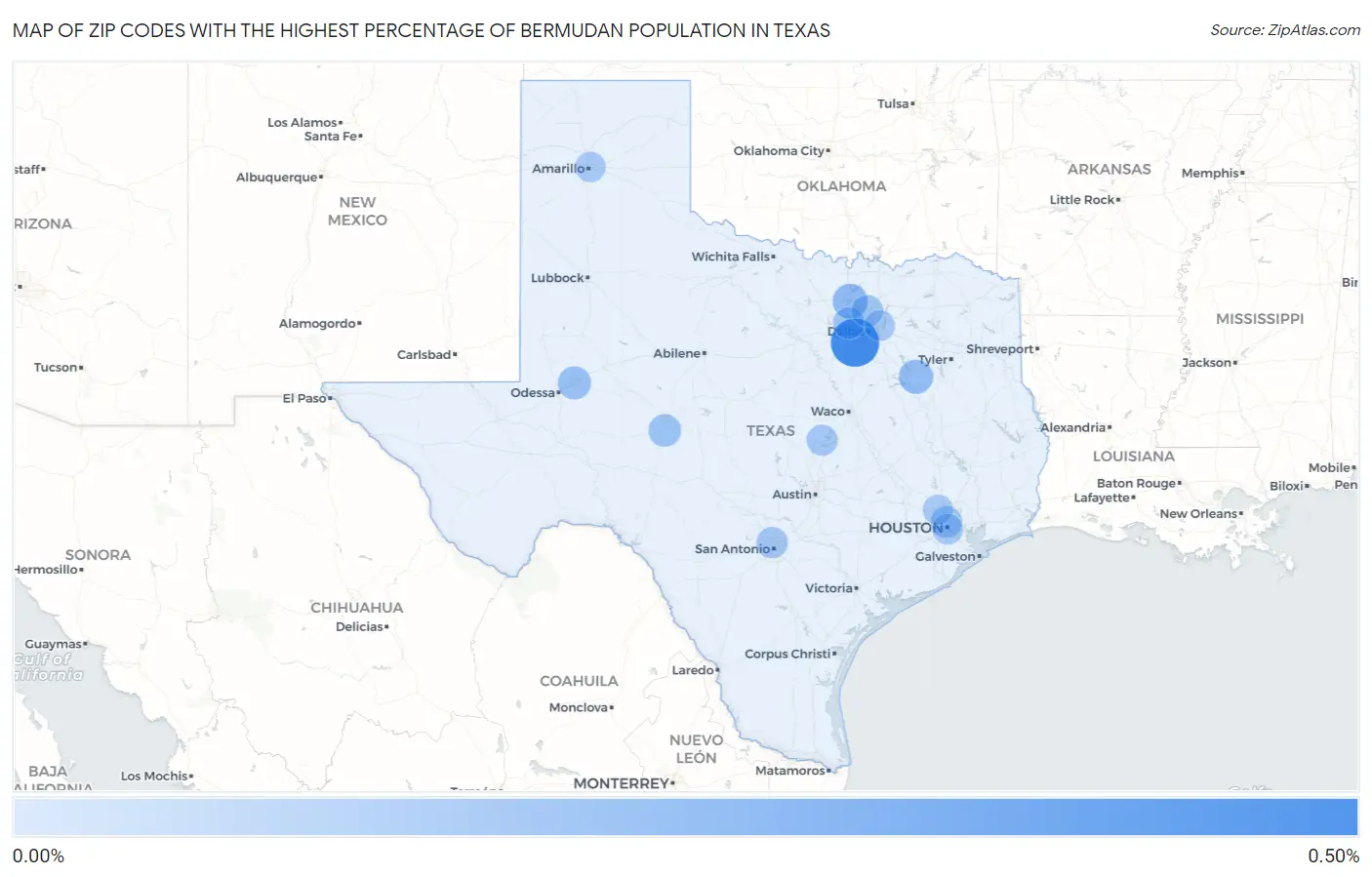 Zip Codes with the Highest Percentage of Bermudan Population in Texas Map