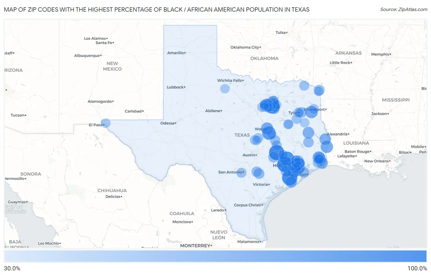 Zip Codes with the Highest Percentage of Black / African American Population in Texas Map