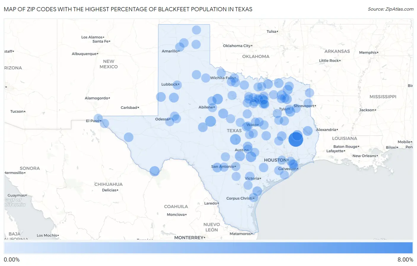 Zip Codes with the Highest Percentage of Blackfeet Population in Texas Map