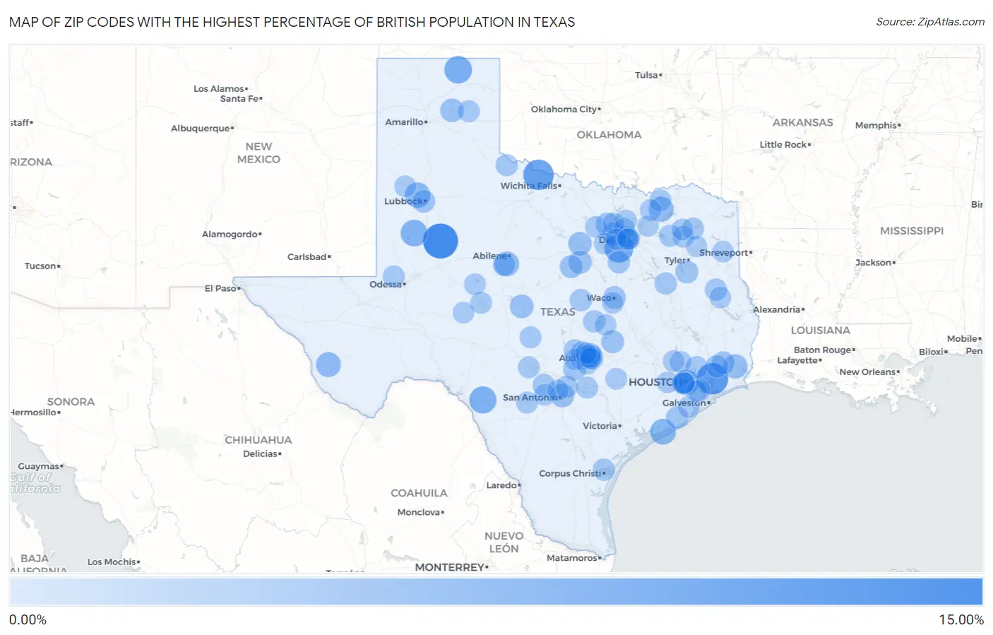 Zip Codes with the Highest Percentage of British Population in Texas Map
