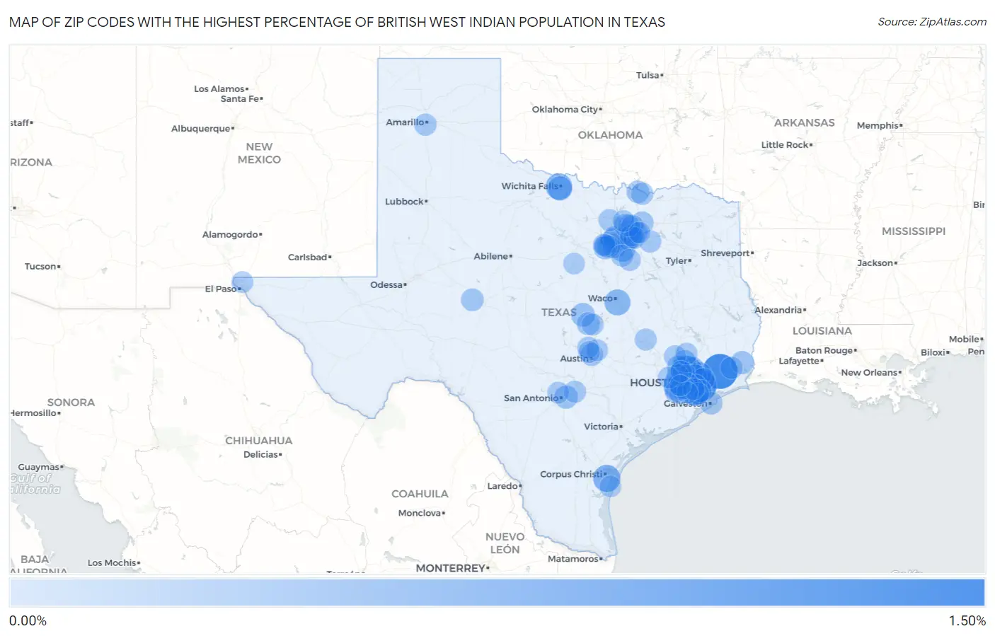 Zip Codes with the Highest Percentage of British West Indian Population in Texas Map
