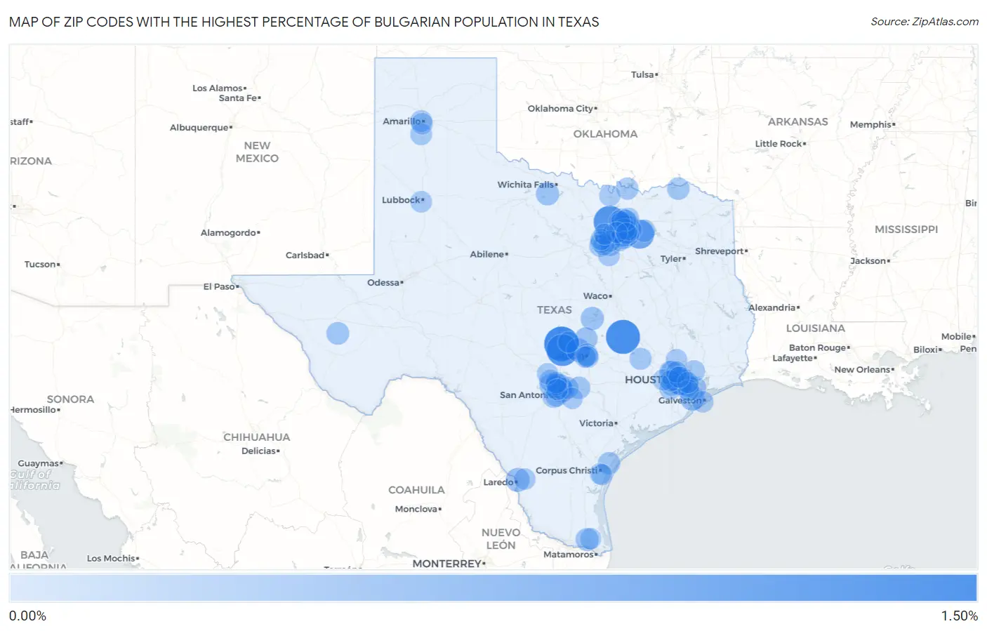Zip Codes with the Highest Percentage of Bulgarian Population in Texas Map