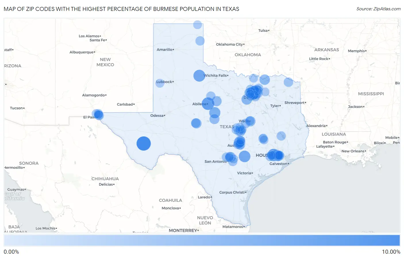 Zip Codes with the Highest Percentage of Burmese Population in Texas Map