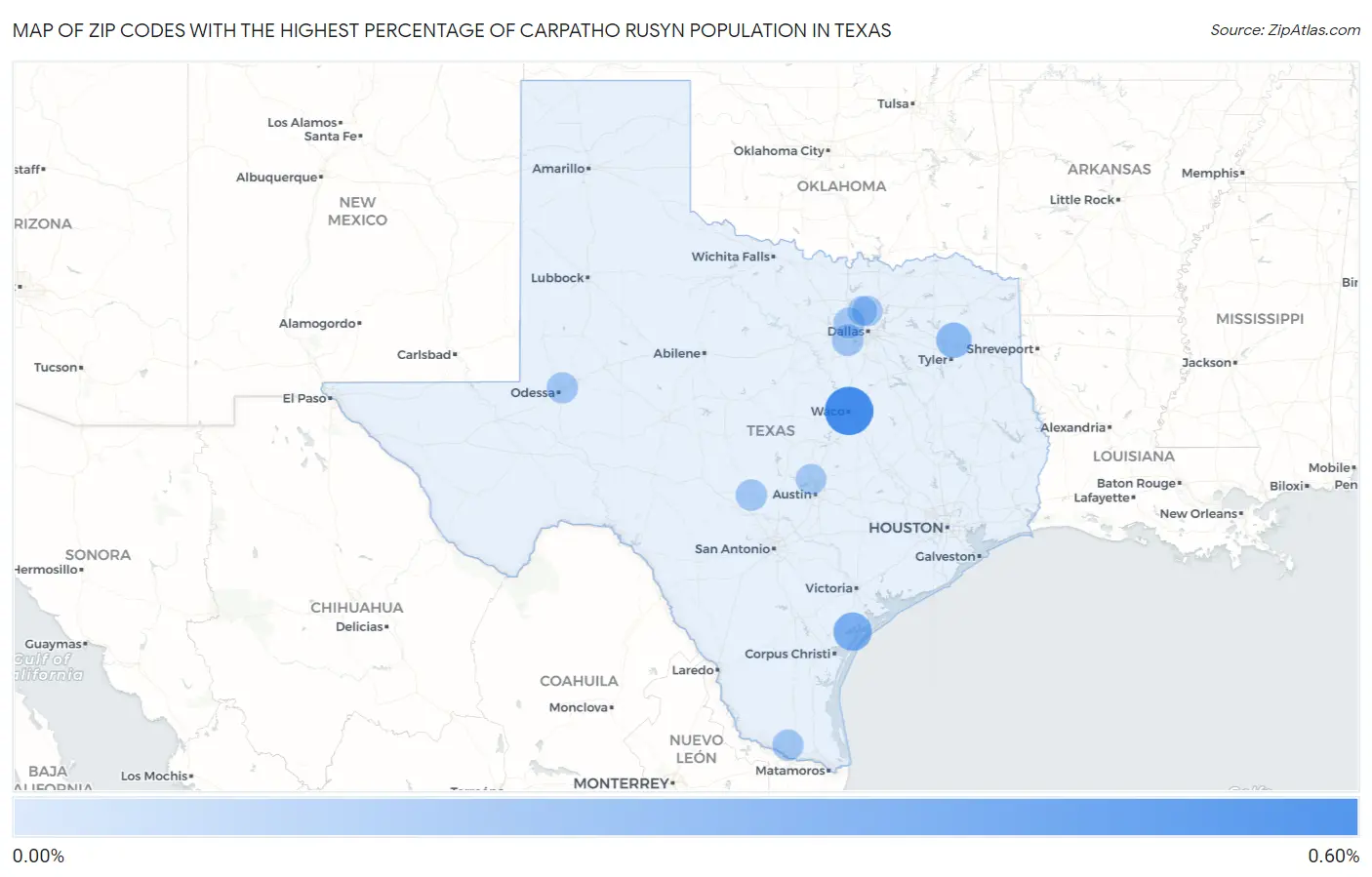 Zip Codes with the Highest Percentage of Carpatho Rusyn Population in Texas Map