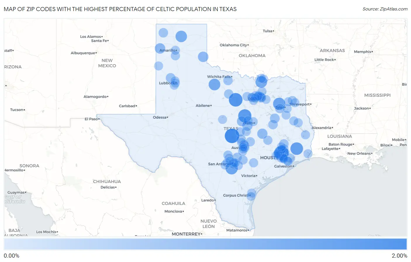 Zip Codes with the Highest Percentage of Celtic Population in Texas Map