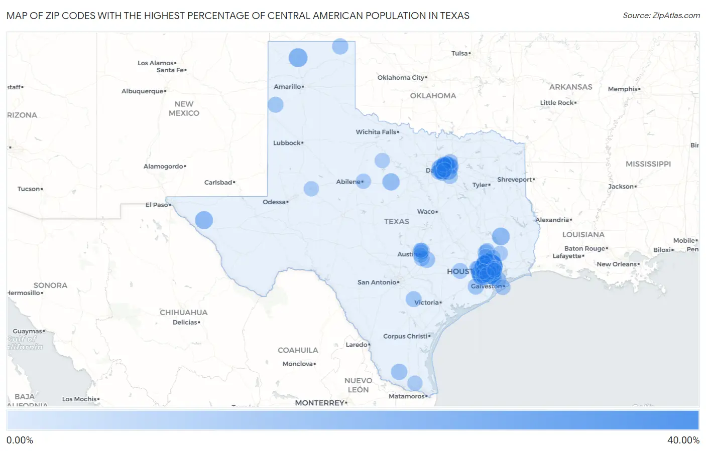 Zip Codes with the Highest Percentage of Central American Population in Texas Map