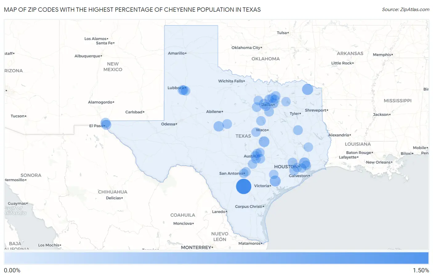 Zip Codes with the Highest Percentage of Cheyenne Population in Texas Map