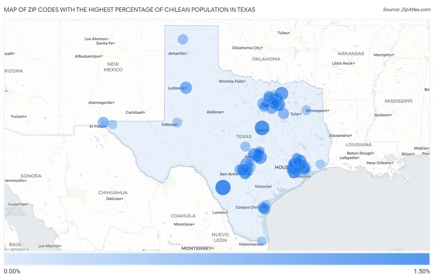 Zip Codes with the Highest Percentage of Chilean Population in Texas Map