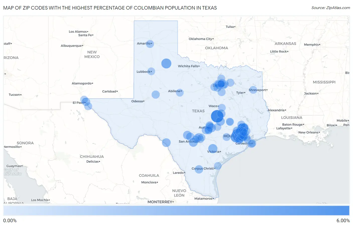 Zip Codes with the Highest Percentage of Colombian Population in Texas Map