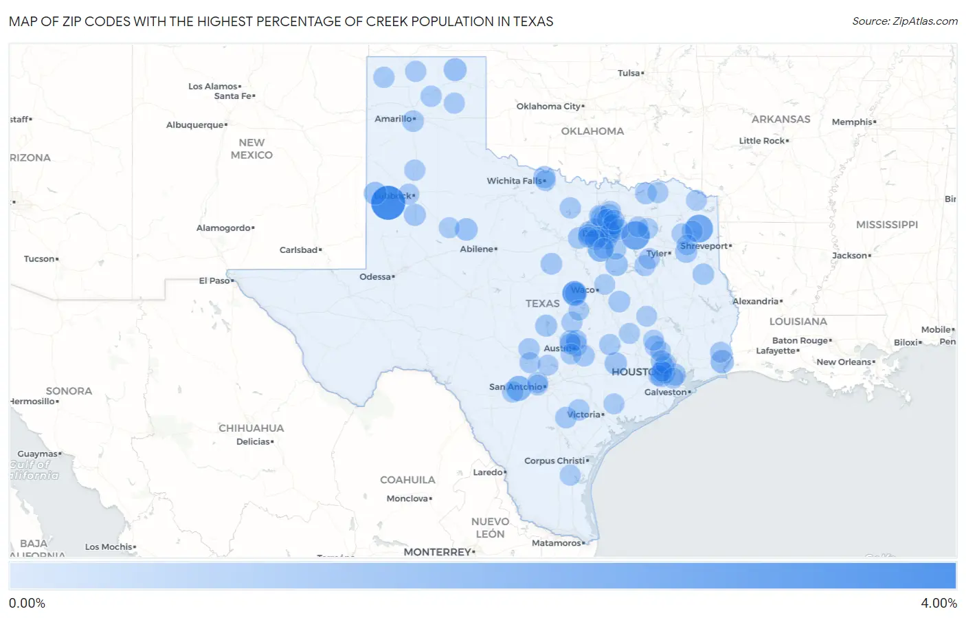 Zip Codes with the Highest Percentage of Creek Population in Texas Map