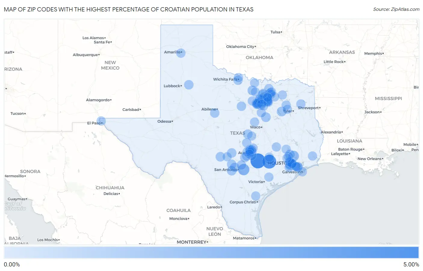 Zip Codes with the Highest Percentage of Croatian Population in Texas Map