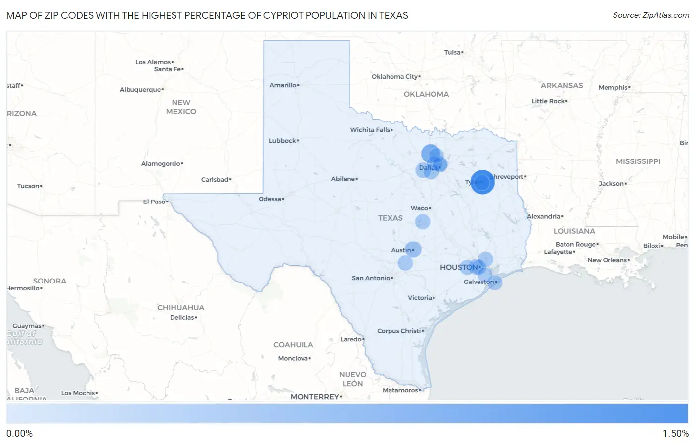 Zip Codes with the Highest Percentage of Cypriot Population in Texas Map