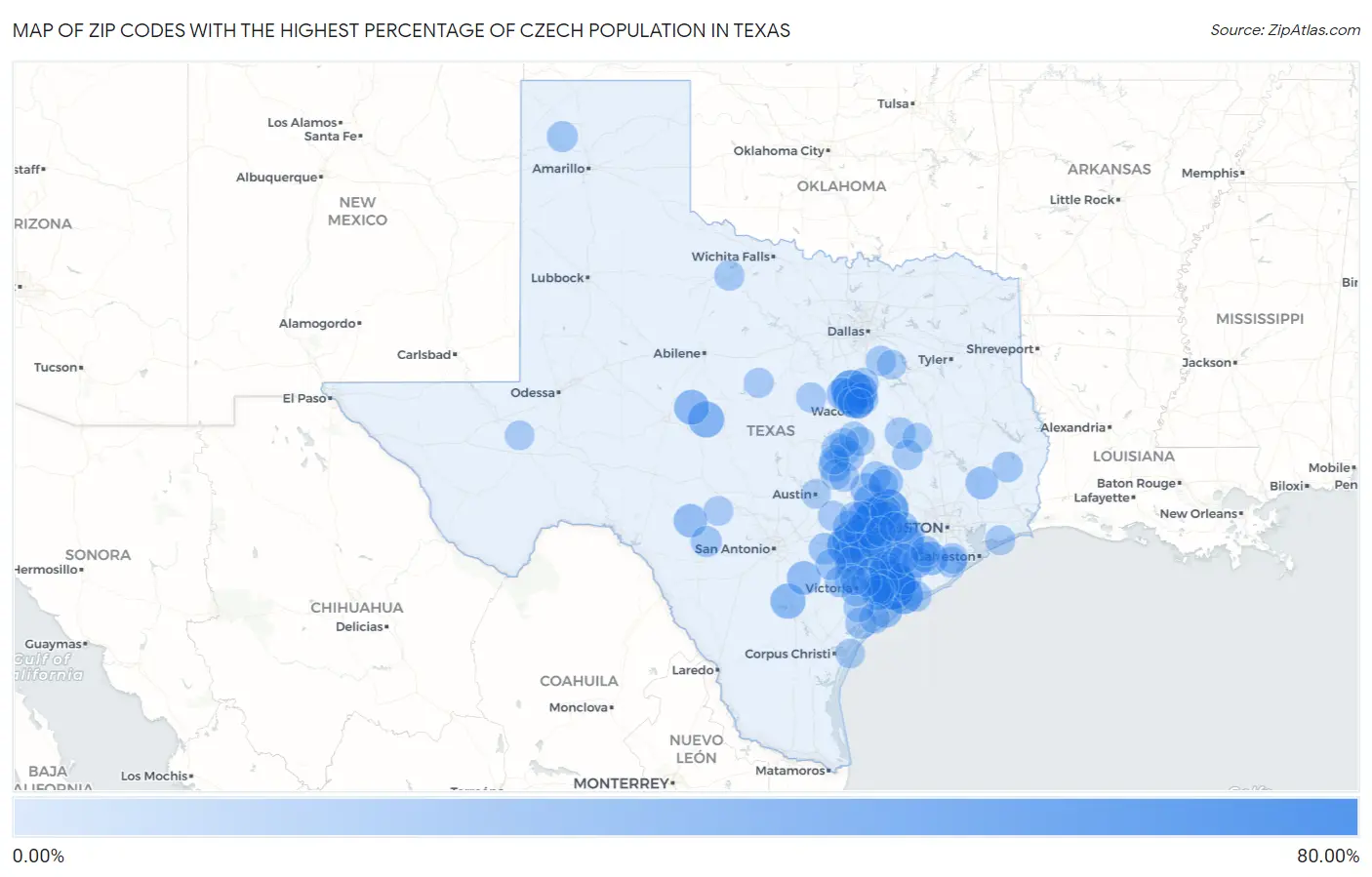 Zip Codes with the Highest Percentage of Czech Population in Texas Map