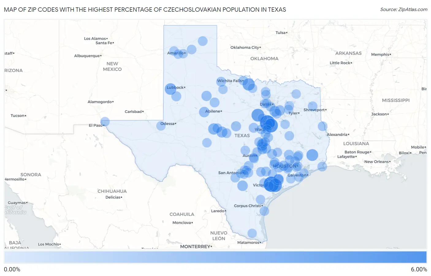 Zip Codes with the Highest Percentage of Czechoslovakian Population in Texas Map