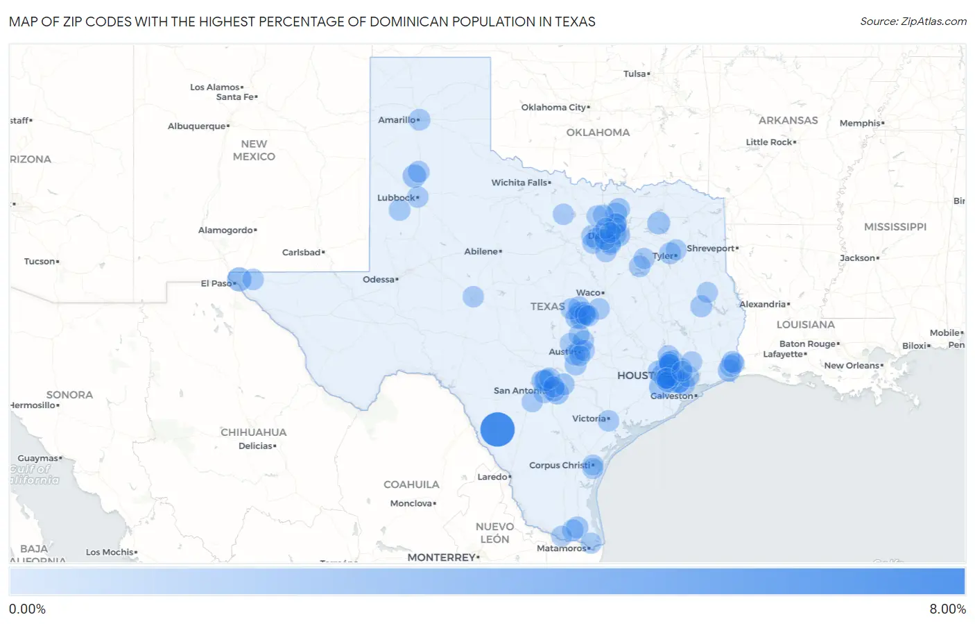 Zip Codes with the Highest Percentage of Dominican Population in Texas Map
