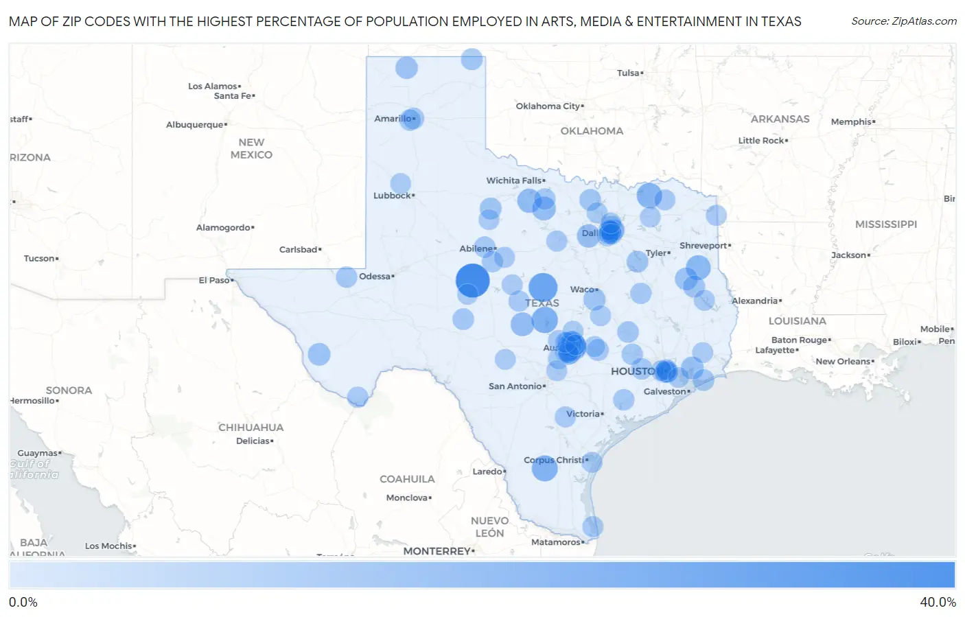 Zip Codes with the Highest Percentage of Population Employed in Arts, Media & Entertainment in Texas Map