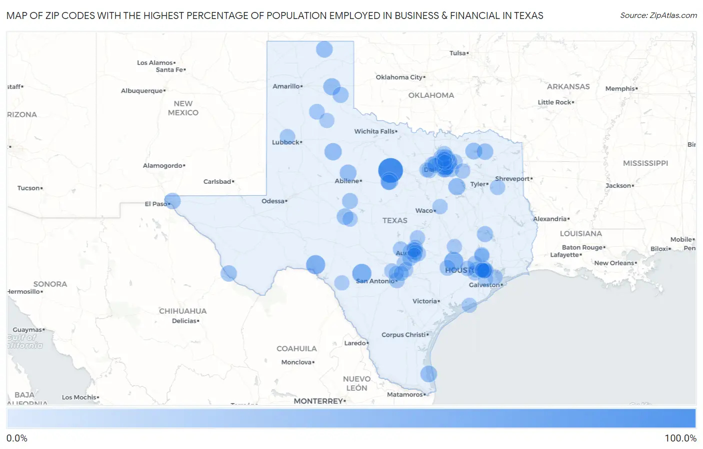 Zip Codes with the Highest Percentage of Population Employed in Business & Financial in Texas Map