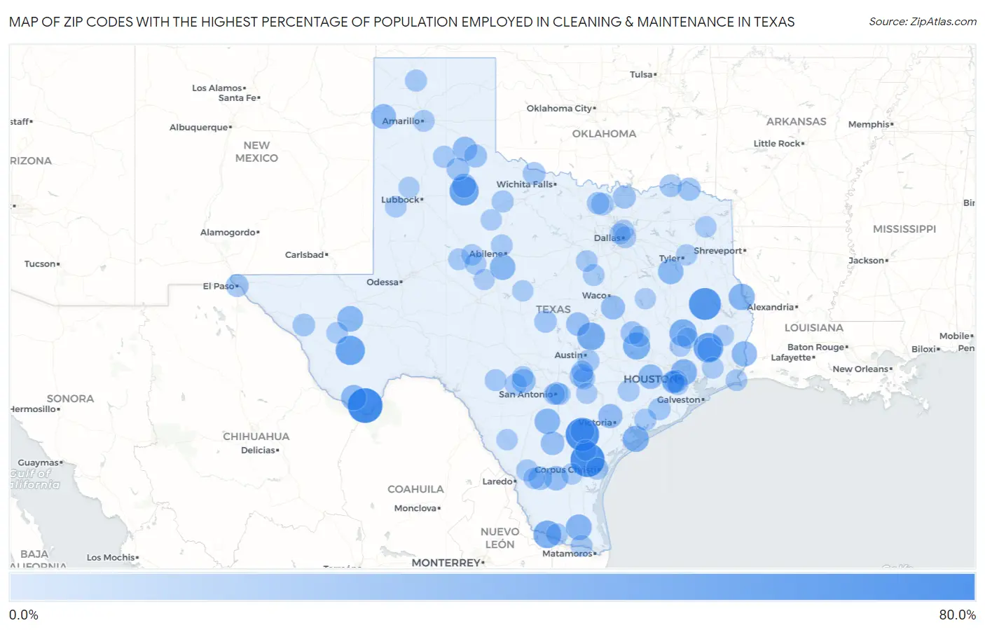 Zip Codes with the Highest Percentage of Population Employed in Cleaning & Maintenance in Texas Map