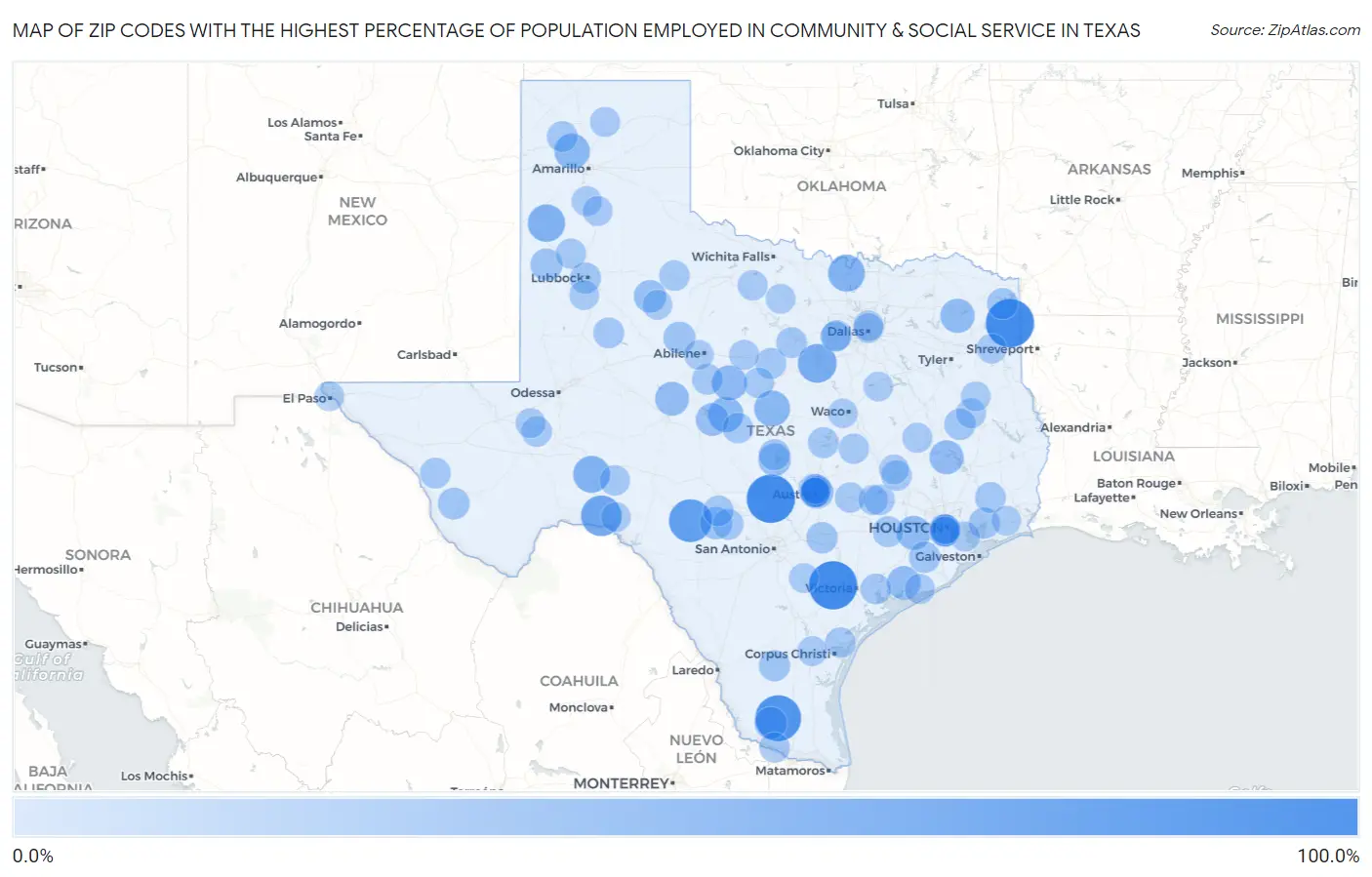 Zip Codes with the Highest Percentage of Population Employed in Community & Social Service  in Texas Map