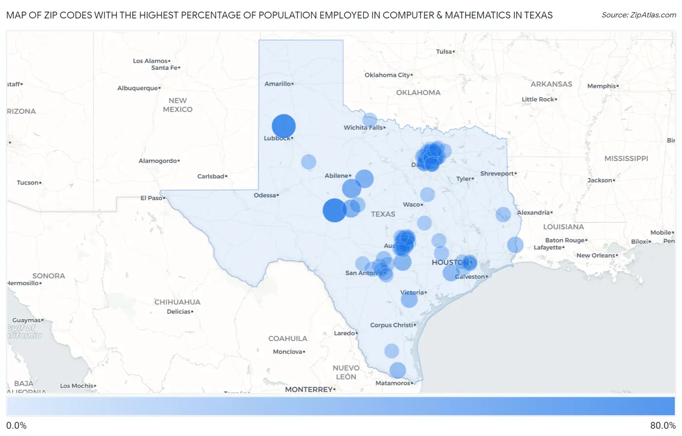 Zip Codes with the Highest Percentage of Population Employed in Computer & Mathematics in Texas Map