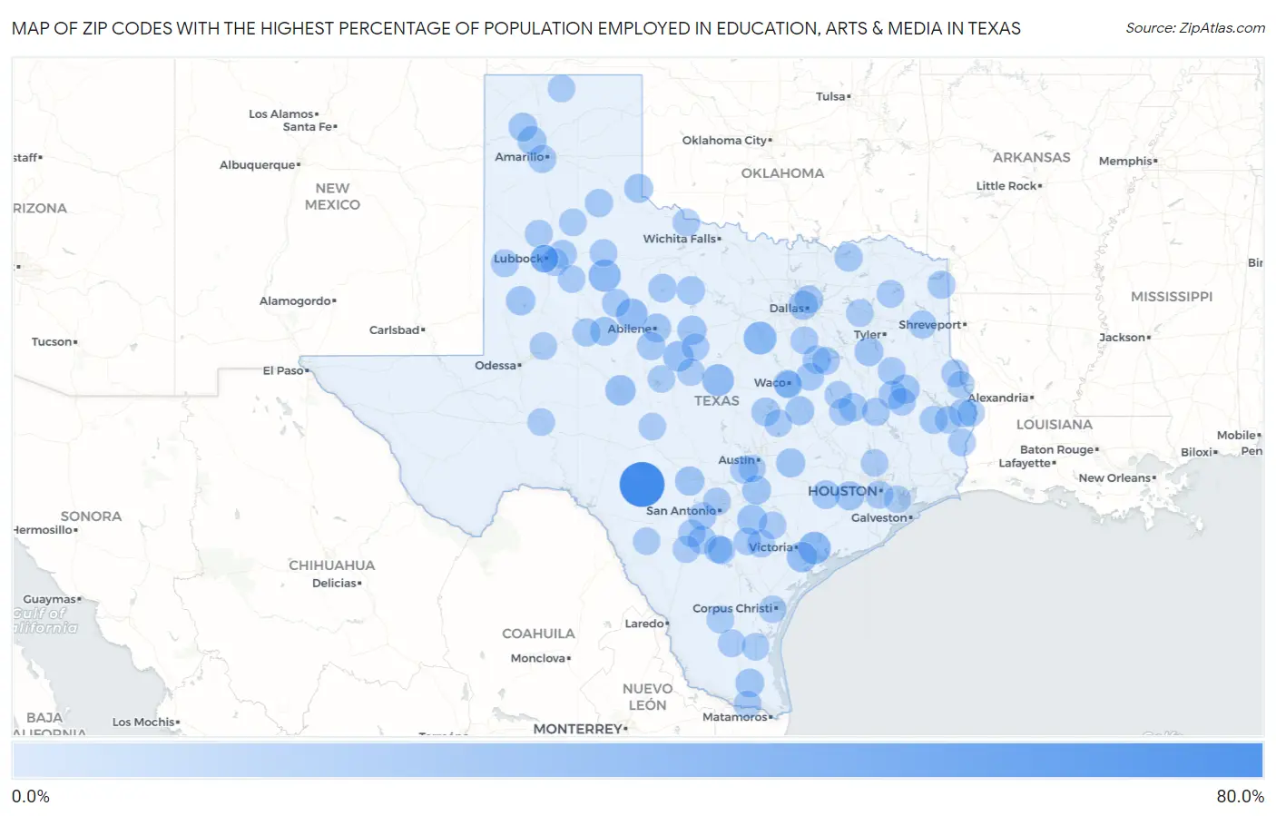 Zip Codes with the Highest Percentage of Population Employed in Education, Arts & Media in Texas Map