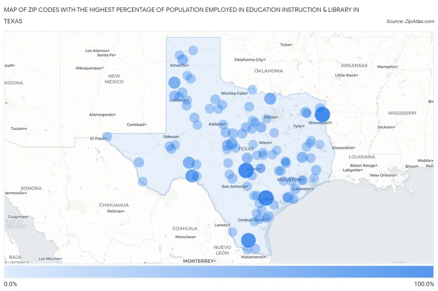Zip Codes with the Highest Percentage of Population Employed in Education Instruction & Library in Texas Map